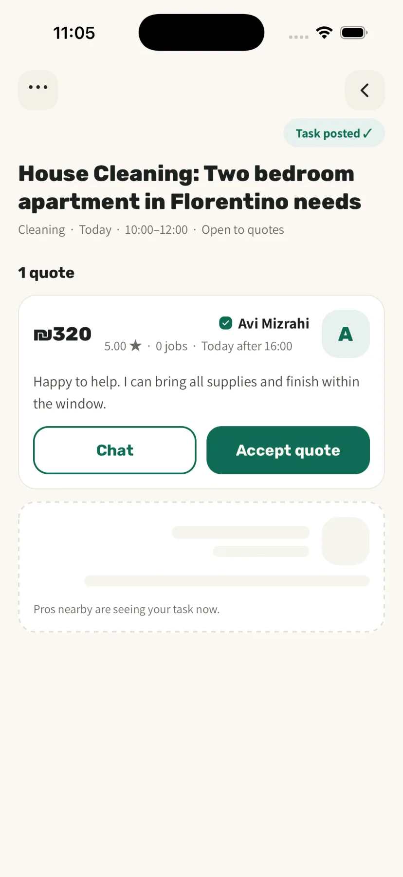 Sagur app showing a verified pro's quote with chat and accept options