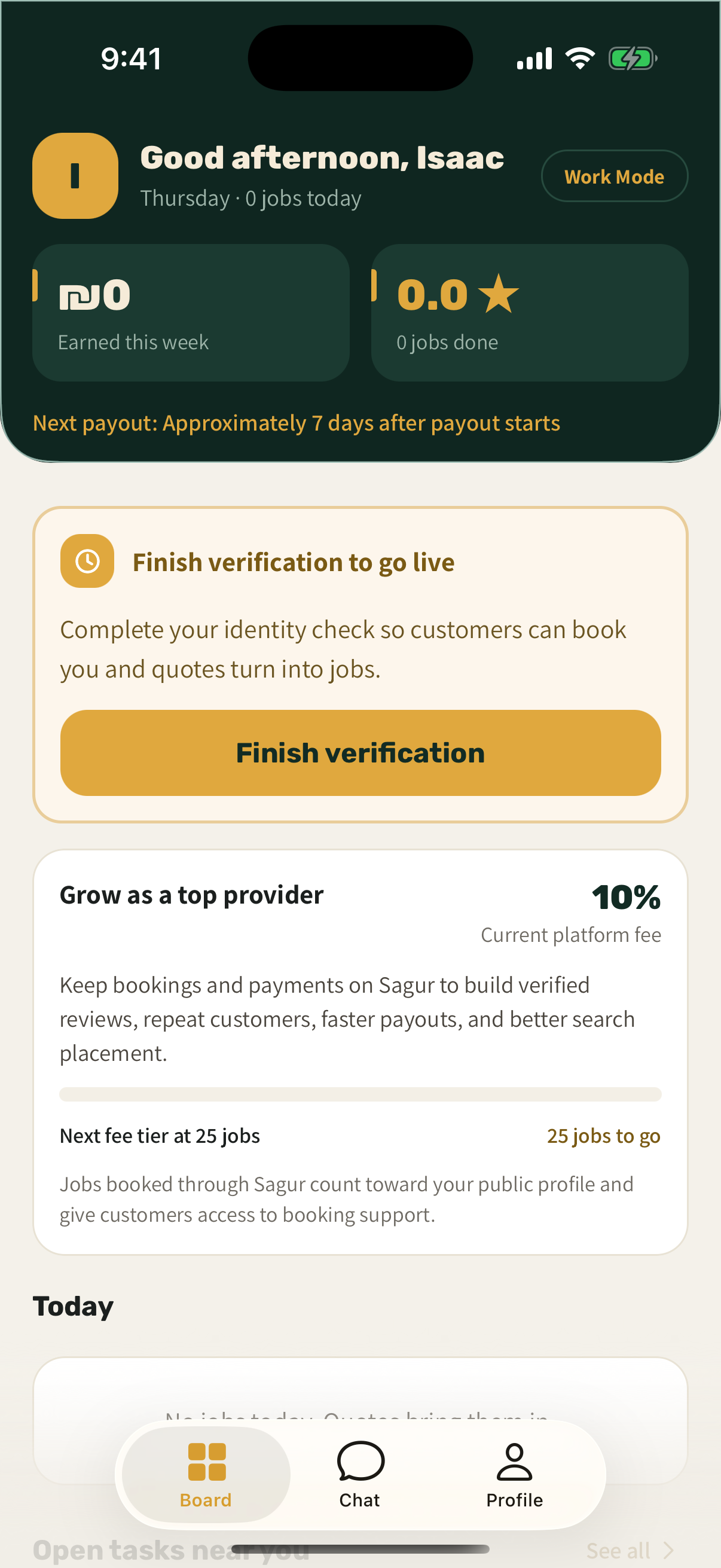 Sagur Work Mode showing a job and its payment status