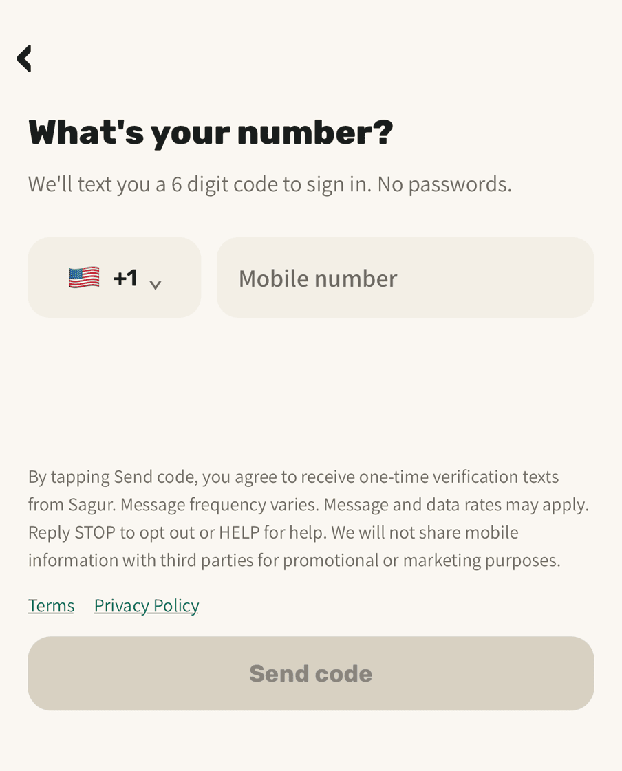 The Sagur app sign-in screen: a country selector set to +1, a mobile number field, the SMS consent disclosure, links to Terms and Privacy Policy, and a Send code button.